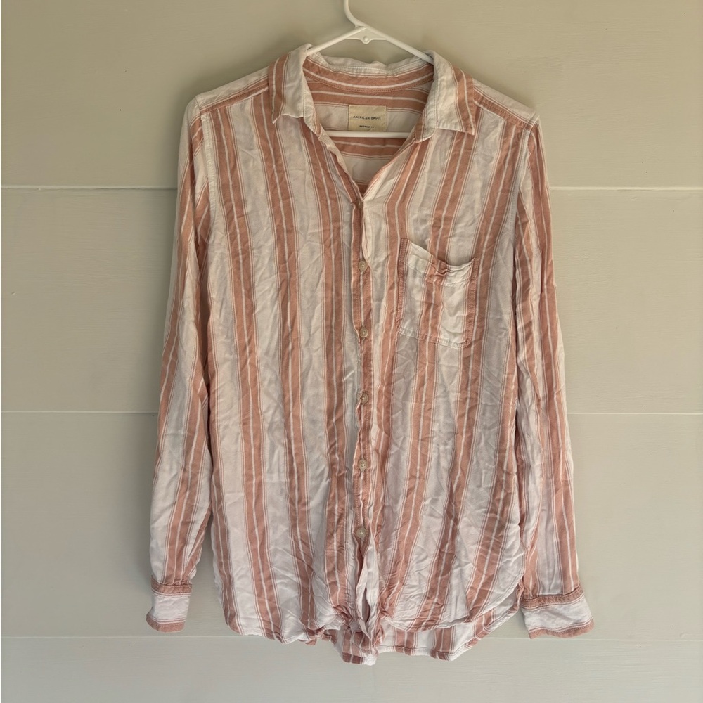 American Eagle Women’s Small Boyfriend Fit Pink White Striped Shirt Top Buttons